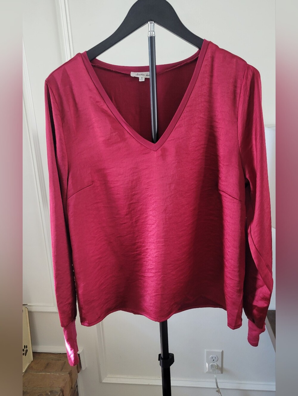 Another Love Satin-Texture V-Neck Long Sleeve Top in Berry Red